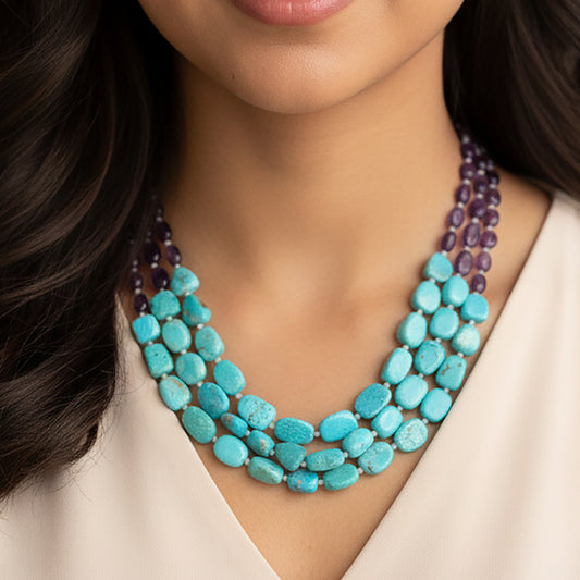 Natural Amethyst, Moonstone & Turquoise 3-Layer Beaded Sarafa Necklace | Handmade Healing Crystal Jewelry for Women