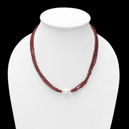 Elegant Multi-Strand Natural Garnet and Pearl Beaded Necklace with Sterling Silver Clasp – Jewelry for Women