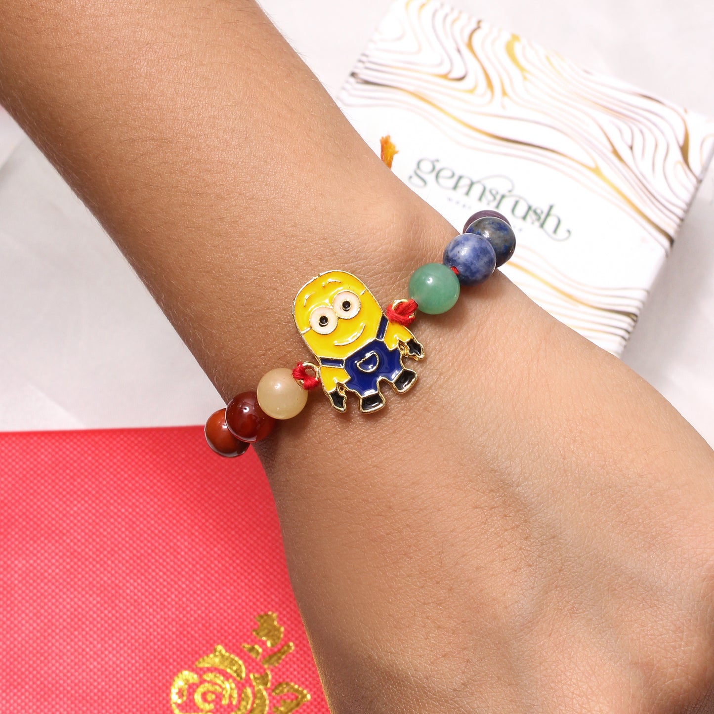 Minion Theme Gemstone Rakhi for Kids – With Amethyst, Aventurine, Yellow Jade & More