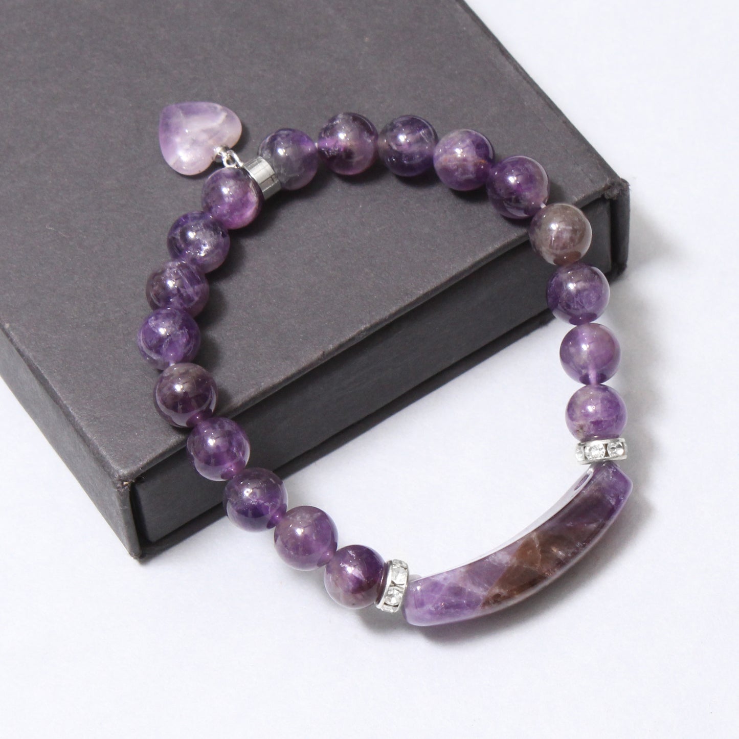 Natural Amethyst Healing Crystal Heart Charm Streachable Bracelet