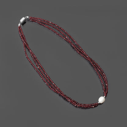 Elegant Multi-Strand Natural Garnet and Pearl Beaded Necklace with Sterling Silver Clasp – Jewelry for Women