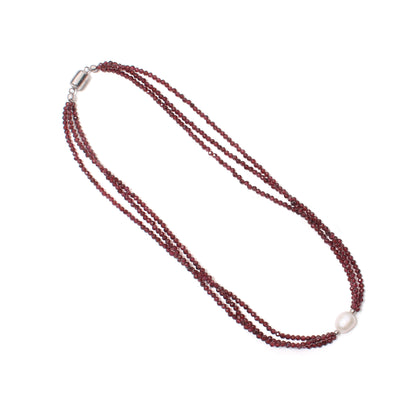 Elegant Multi-Strand Natural Garnet and Pearl Beaded Necklace with Sterling Silver Clasp – Jewelry for Women