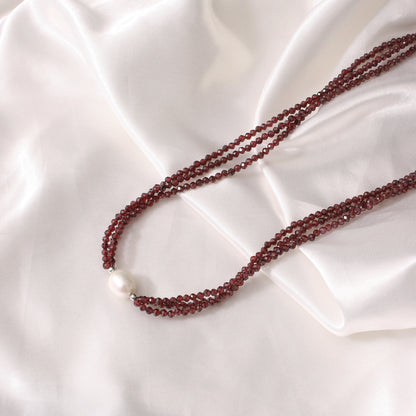 Elegant Multi-Strand Natural Garnet and Pearl Beaded Necklace with Sterling Silver Clasp – Jewelry for Women