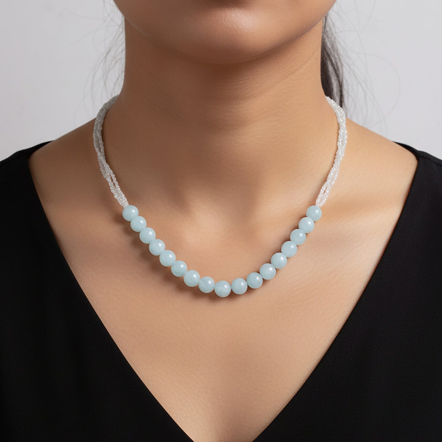 Natural Aquamarine Round Bead Necklace | Elegant Handmade Gemstone Jewelry
