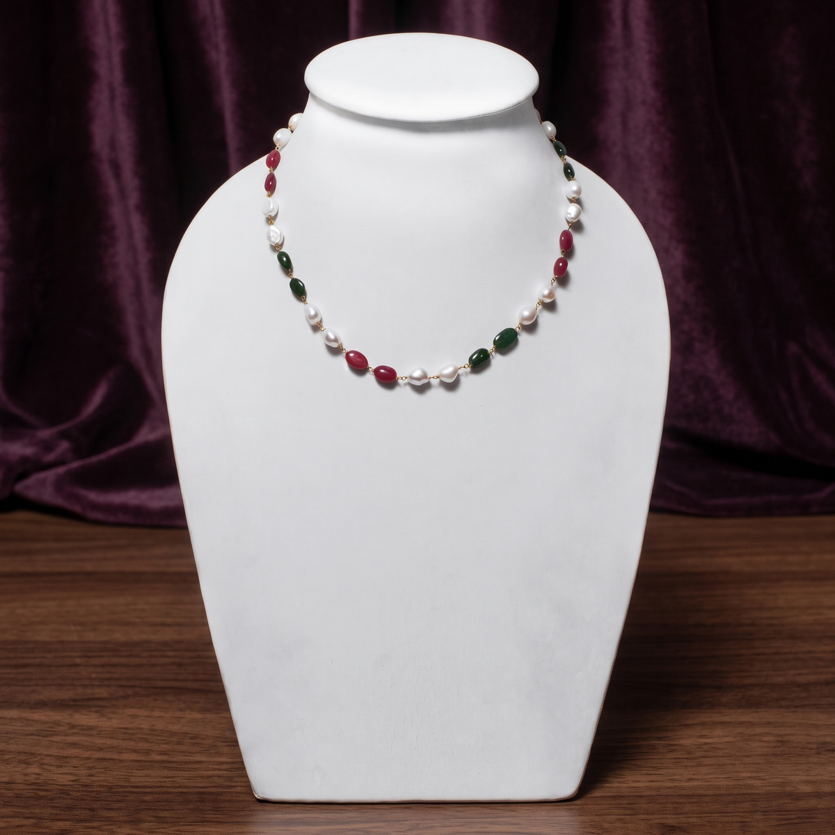 Natural Pearl Ruby Emerald Beaded Rosary Chain Necklace – Elegant Gemstone Jewelry