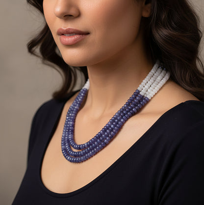 Natural Tanzanite & Moonstone 3-Layer Beaded Sarafa Necklace | Handmade Healing Crystal Jewelry for Women