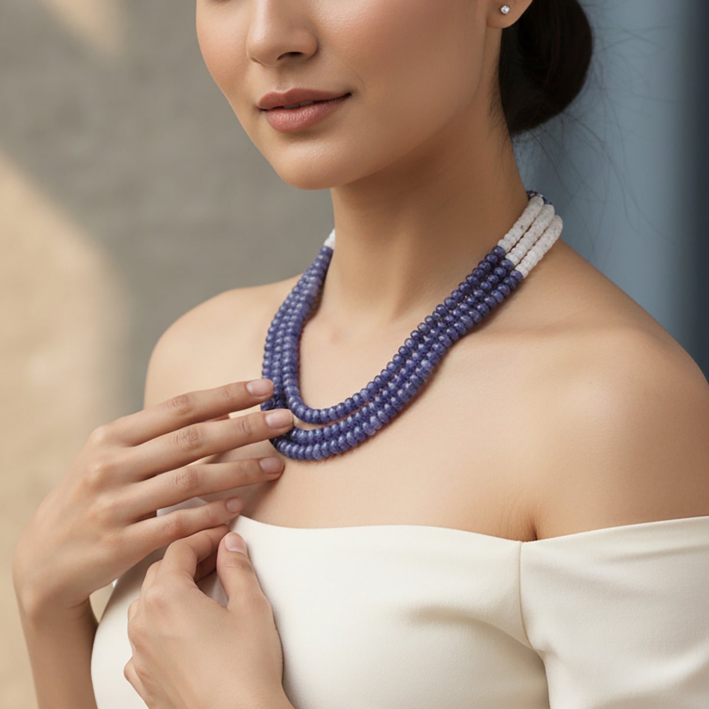 Natural Tanzanite & Moonstone 3-Layer Beaded Sarafa Necklace | Handmade Healing Crystal Jewelry for Women