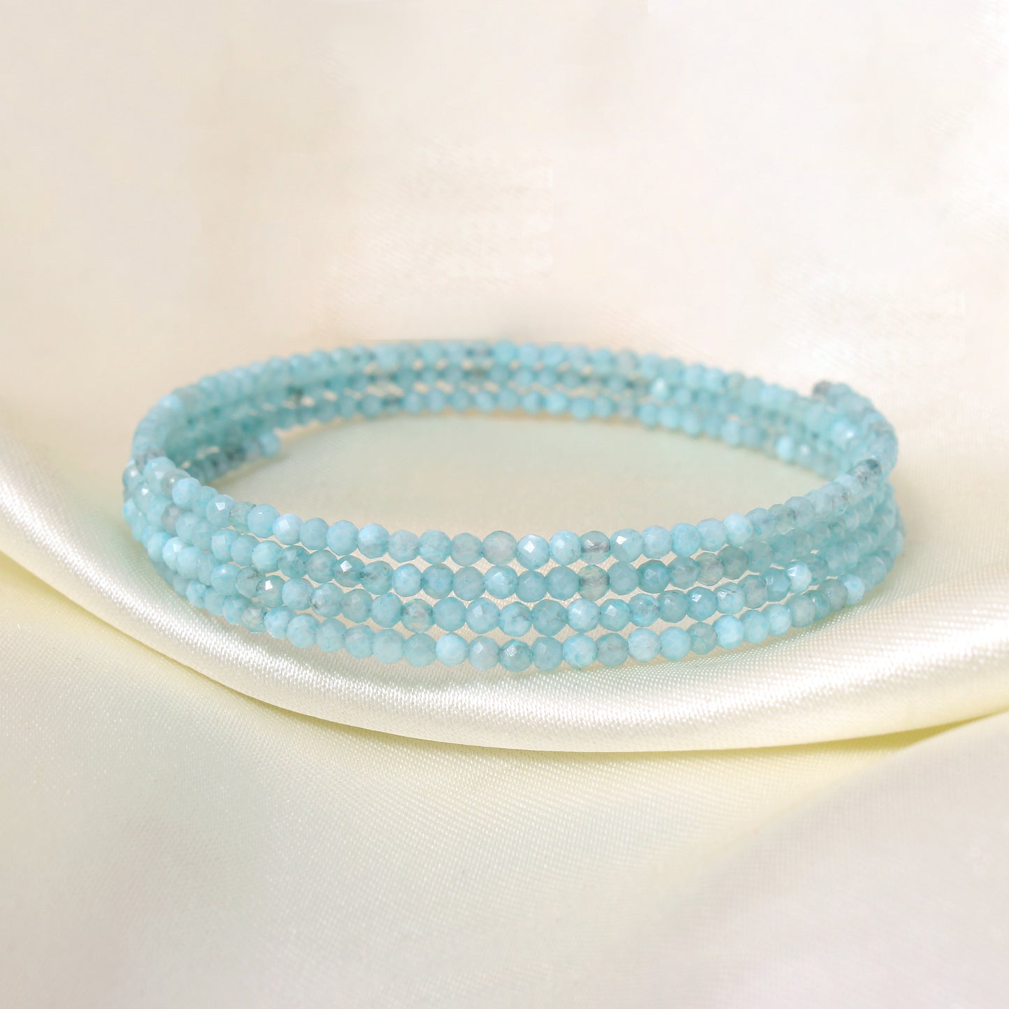 Natural Larimar Faceted Bead Bangle – Light Blue Healing Gemstone Stretch Bracelet | Ocean-Inspired Stackable Jewelry