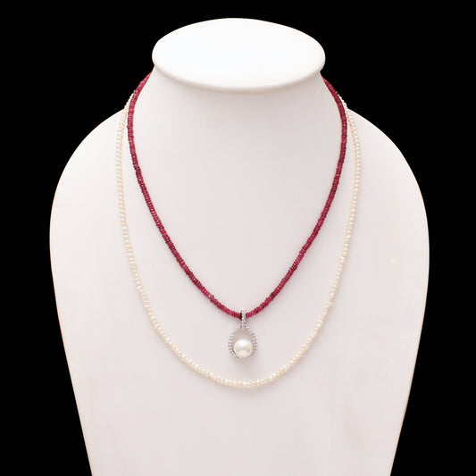 "Pearl & Ruby Pendant: Timeless Elegance, Layered Necklace