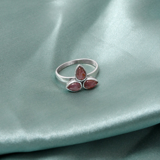 Natural Pink Tourmaline Gemstone Ring – Elegant Trio Design in Sterling Silver