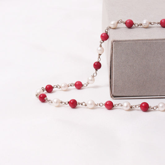 925 Sterling Silver Pearl and Red Coral Beaded Necklace - Elegant Handmade Jewelry