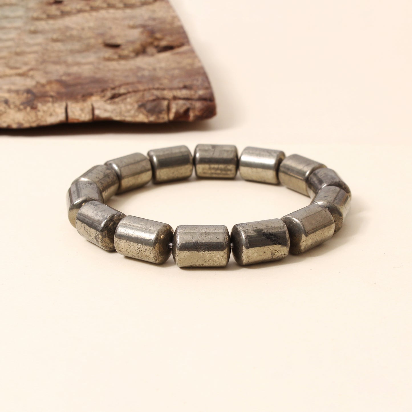 Natural Pyrite Plain Barrel Stretch Bead Bracelet – Handmade Protection & Prosperity Crystal Jewelry