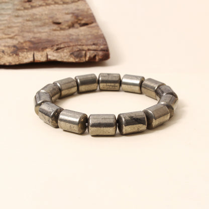 Natural Pyrite Plain Barrel Stretch Bead Bracelet – Handmade Protection & Prosperity Crystal Jewelry