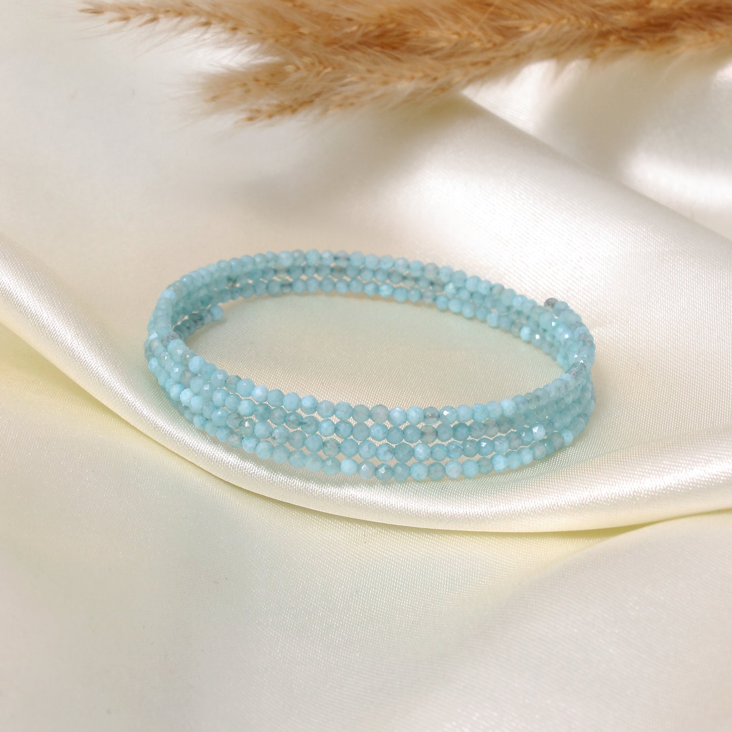Natural Larimar Faceted Bead Bangle – Light Blue Healing Gemstone Stretch Bracelet | Ocean-Inspired Stackable Jewelry