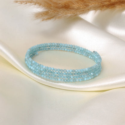 Natural Larimar Faceted Bead Bangle – Light Blue Healing Gemstone Stretch Bracelet | Ocean-Inspired Stackable Jewelry