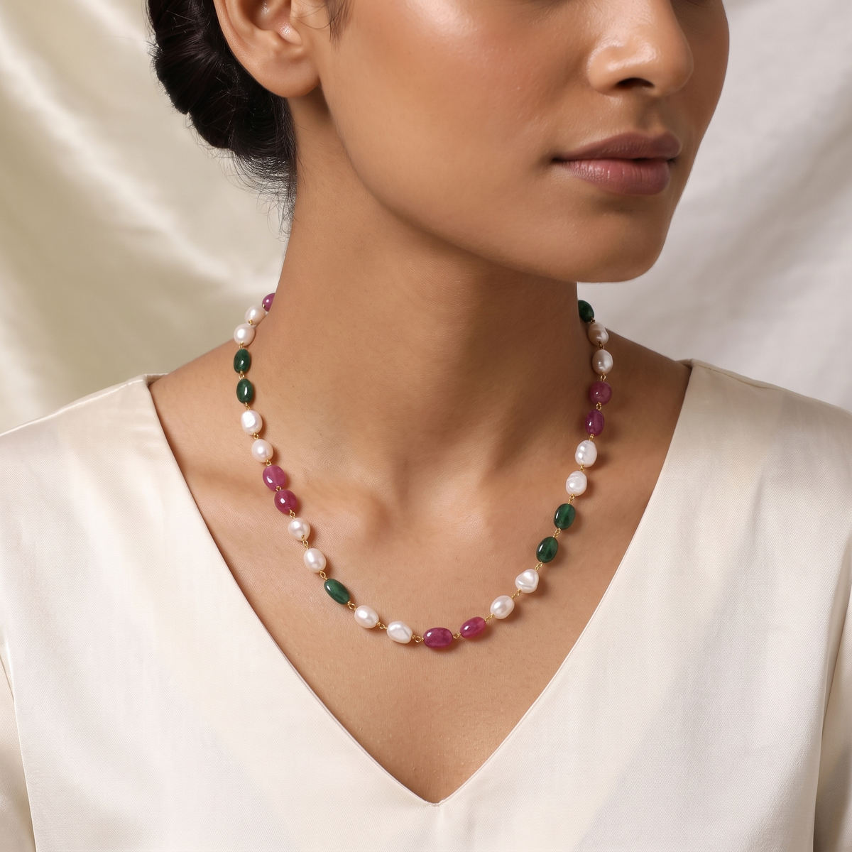 Natural Pearl Ruby Emerald Beaded Rosary Chain Necklace – Elegant Gemstone Jewelry