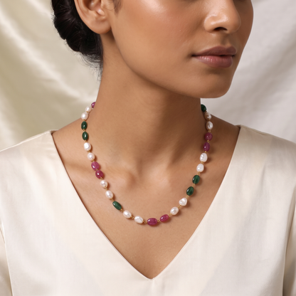 Natural Pearl Ruby Emerald Beaded Rosary Chain Necklace – Elegant Gemstone Jewelry
