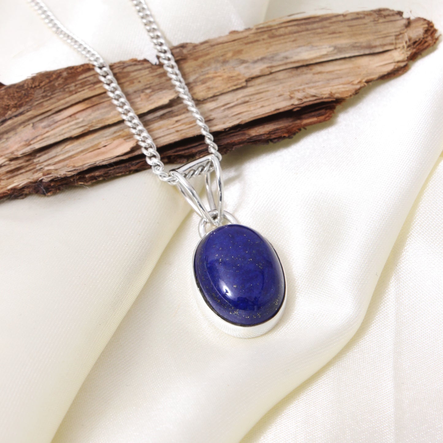 Natural Lapis Lazuli Oval Pendant – Deep Blue Gemstone 925 Sterling Silver Pendant Necklace for Women