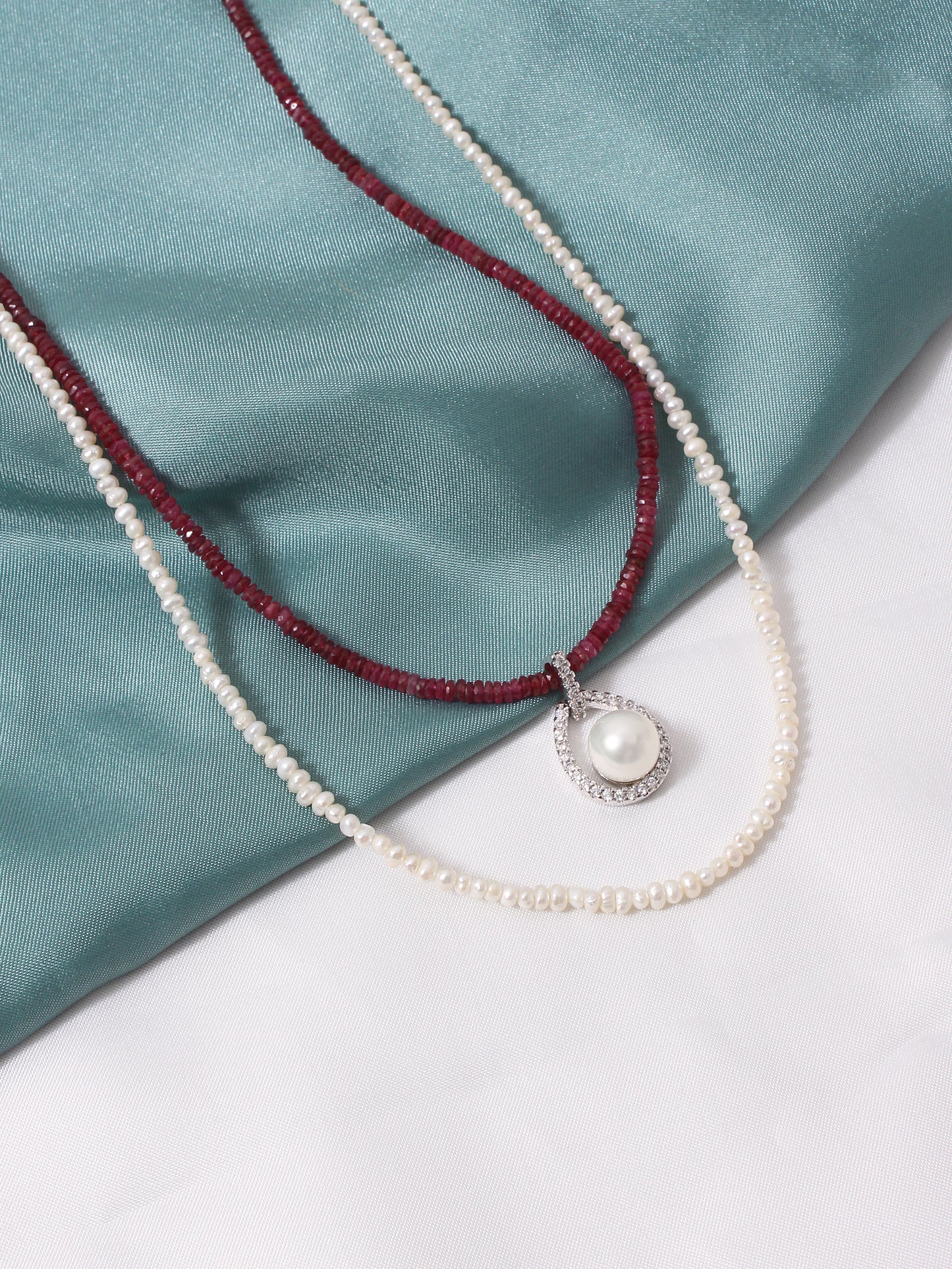 "Pearl & Ruby Pendant: Timeless Elegance, Layered Necklace