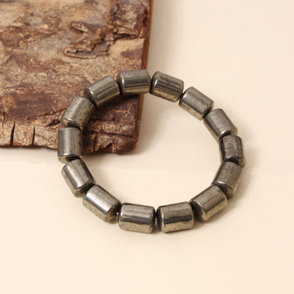 Natural Pyrite Plain Barrel Stretch Bead Bracelet – Handmade Protection & Prosperity Crystal Jewelry