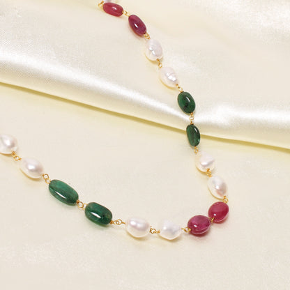 Natural Pearl Ruby Emerald Beaded Rosary Chain Necklace – Elegant Gemstone Jewelry