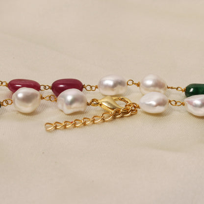 Natural Pearl Ruby Emerald Beaded Rosary Chain Necklace – Elegant Gemstone Jewelry