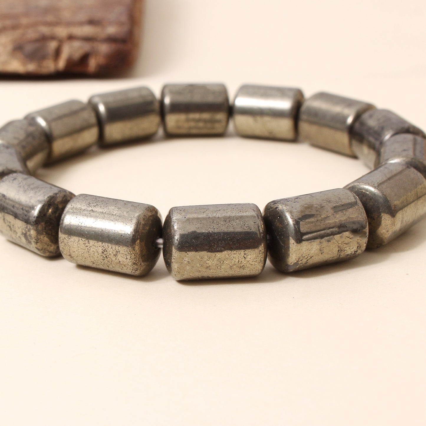 Natural Pyrite Plain Barrel Stretch Bead Bracelet – Handmade Protection & Prosperity Crystal Jewelry