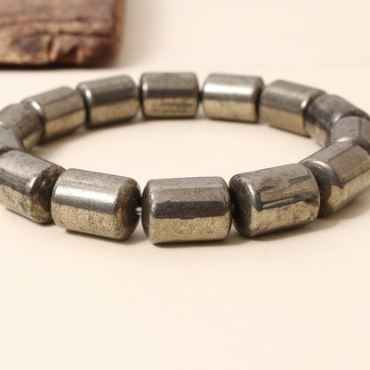 Natural Pyrite Plain Barrel Stretch Bead Bracelet – Handmade Protection & Prosperity Crystal Jewelry