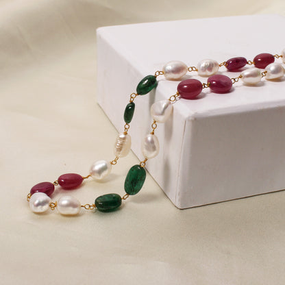 Natural Pearl Ruby Emerald Beaded Rosary Chain Necklace – Elegant Gemstone Jewelry