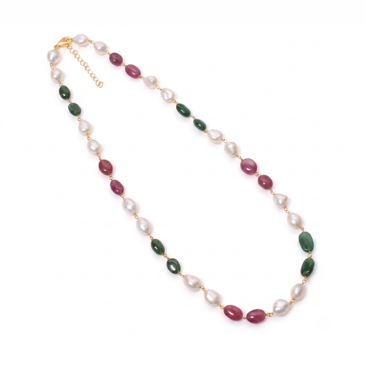 Natural Pearl Ruby Emerald Beaded Rosary Chain Necklace – Elegant Gemstone Jewelry