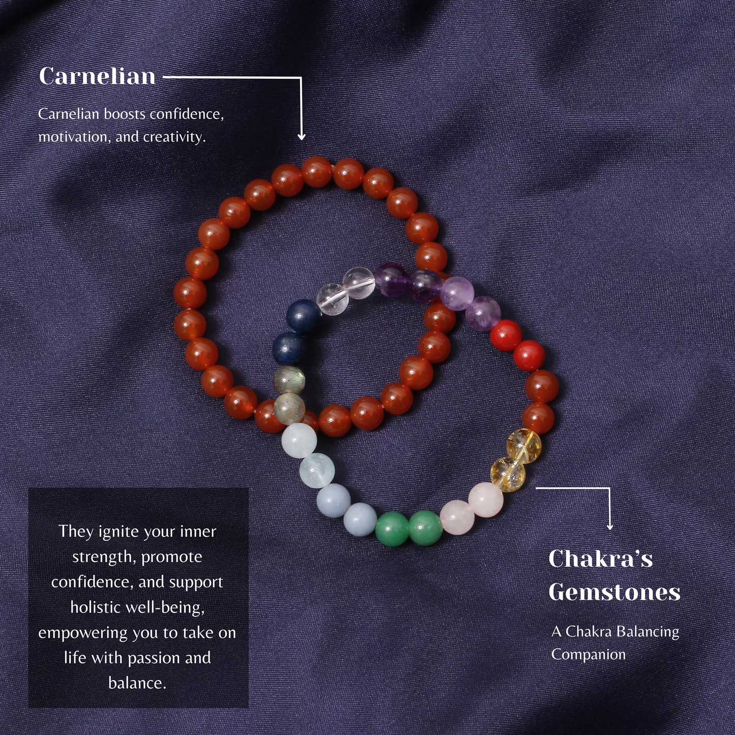 7 Chakras + Carnelian Healing Stretchable Gemstone Bracelet – Confidence, Creativity & Balance