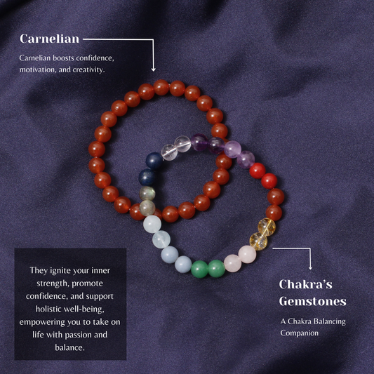 7 Chakras + Carnelian Healing Stretchable Gemstone Bracelet – Confidence, Creativity & Balance