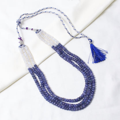Natural Tanzanite & Moonstone 3-Layer Beaded Sarafa Necklace | Handmade Healing Crystal Jewelry for Women