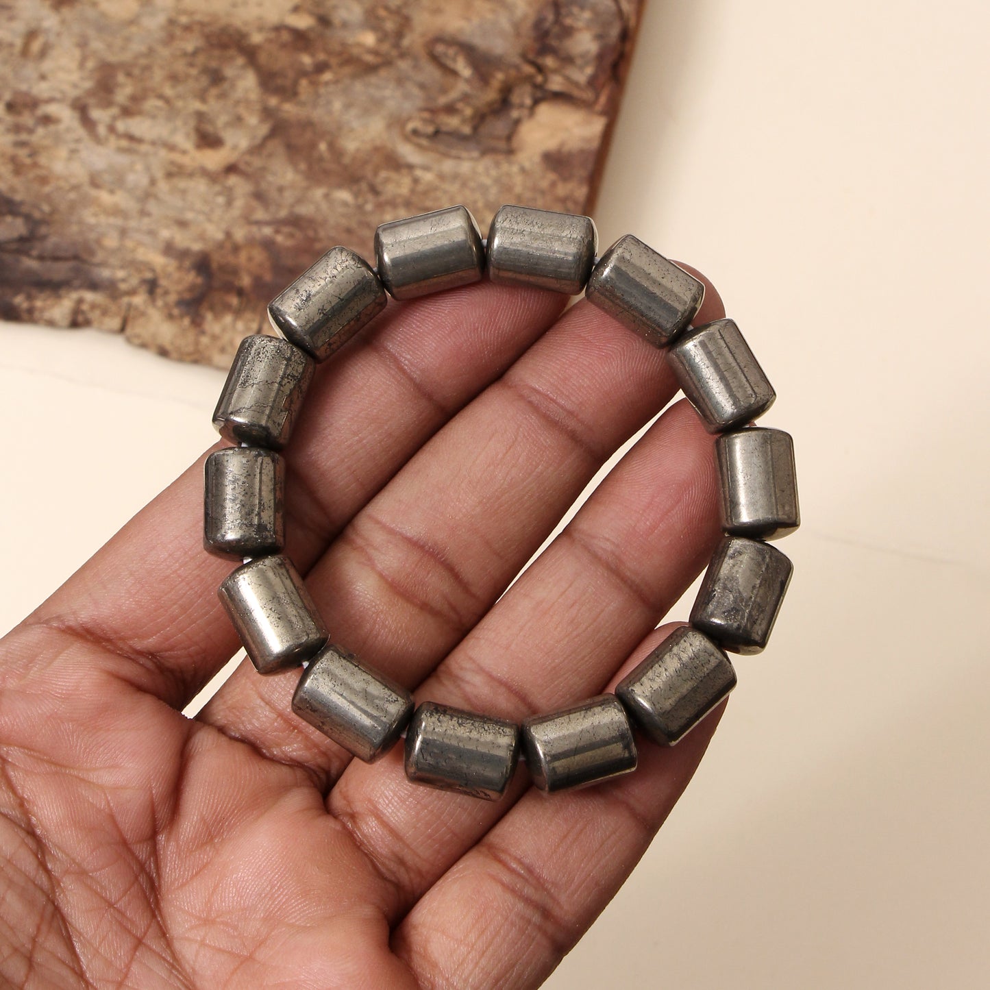 Natural Pyrite Plain Barrel Stretch Bead Bracelet – Handmade Protection & Prosperity Crystal Jewelry