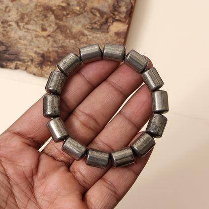Natural Pyrite Plain Barrel Stretch Bead Bracelet – Handmade Protection & Prosperity Crystal Jewelry