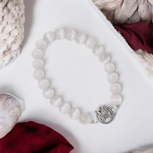 Selenite Beaded Bracelet with Om Charm – Spiritual Serenity