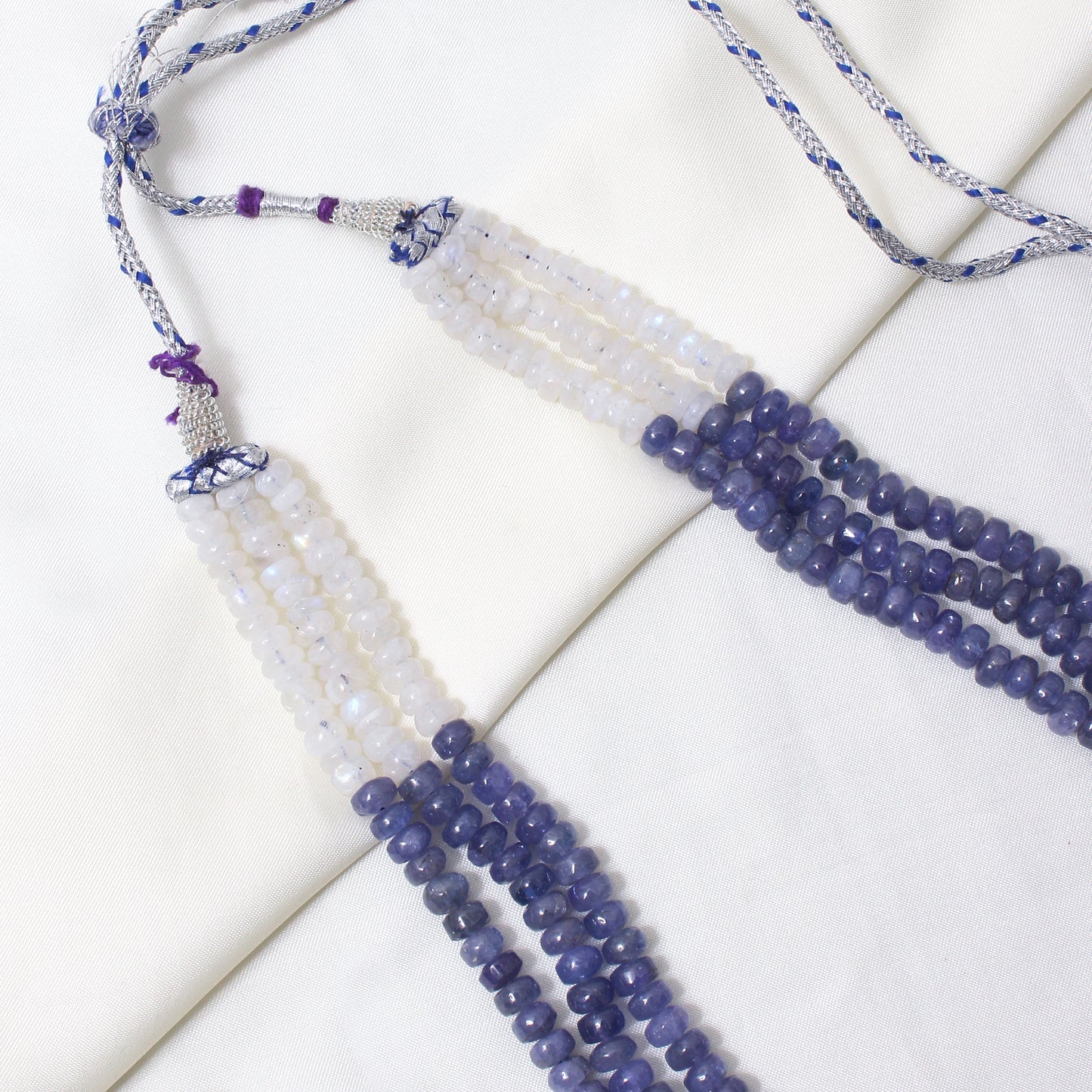 Natural Tanzanite & Moonstone 3-Layer Beaded Sarafa Necklace | Handmade Healing Crystal Jewelry for Women