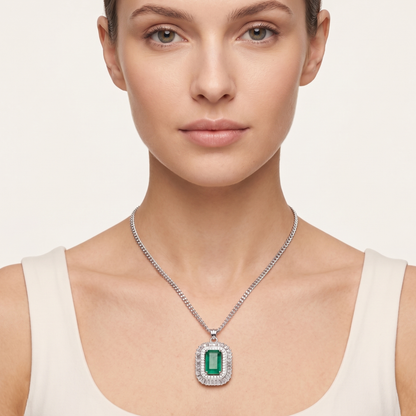 Luxury Natural Emerald Halo Pendant Necklace in 925 Sterling Silver | Vintage Art Deco Statement Jewelry