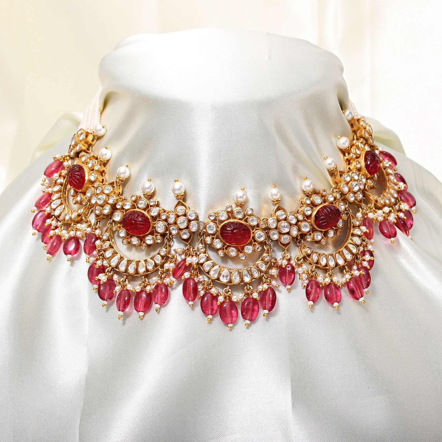 Radiance Redefined: Lightweight Faux Ruby & Pearl Necklace Set