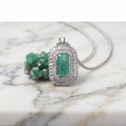 Luxury Natural Emerald Halo Pendant Necklace in 925 Sterling Silver | Vintage Art Deco Statement Jewelry
