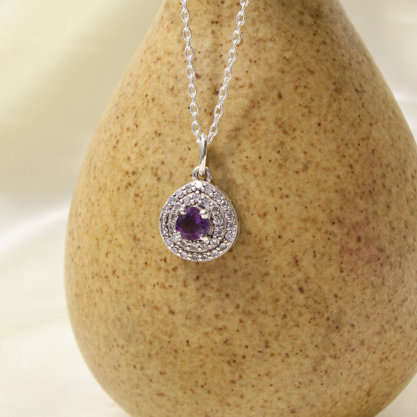 Elegant Natural Amethyst Halo Pendant Necklace in Sterling Silver – Symbol of Peace, Protection & Inner Strength