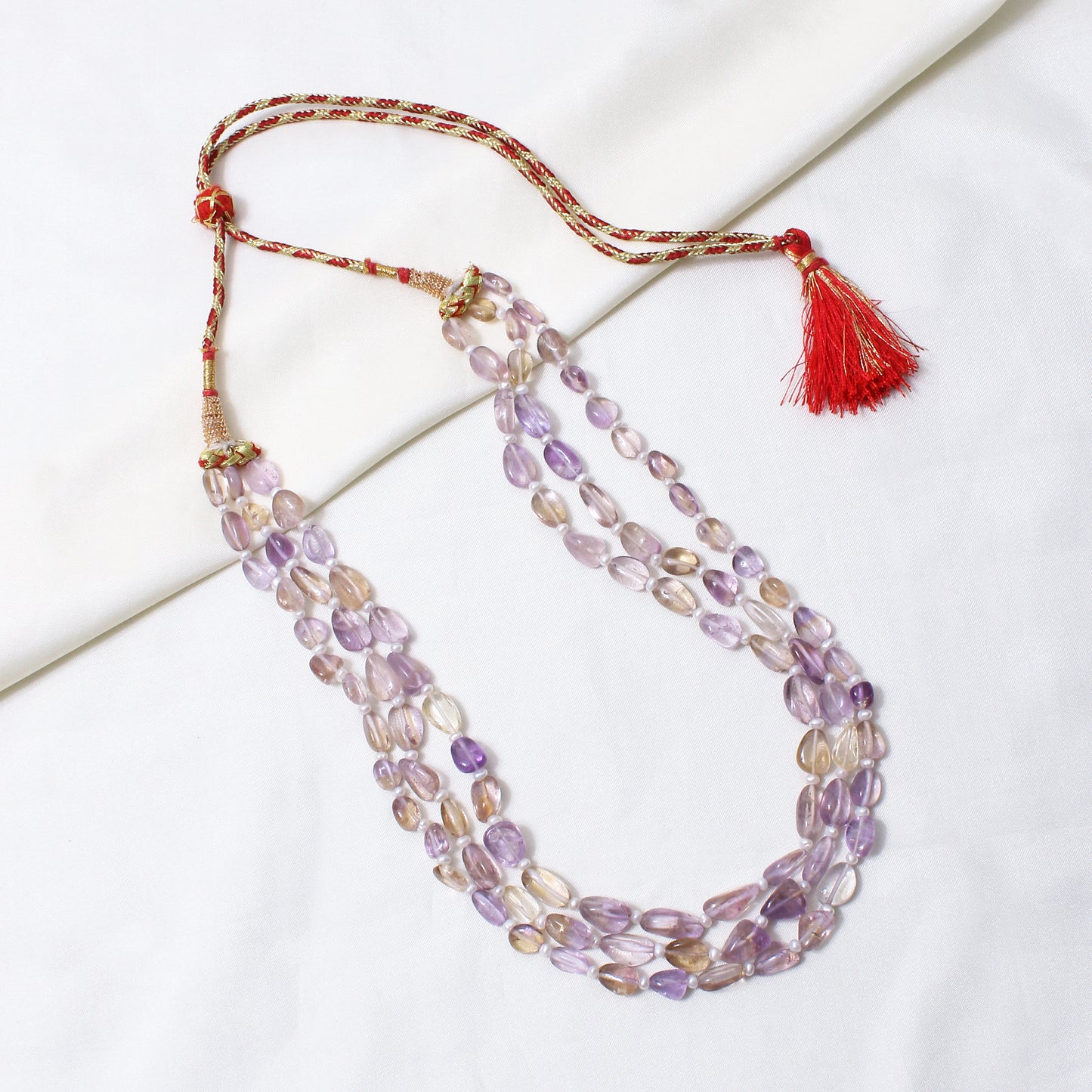 Genuine Natural Ametrine 3-Layer Beaded Sarafa Necklace | Purple & Golden Quartz Healing Crystal Jewelry