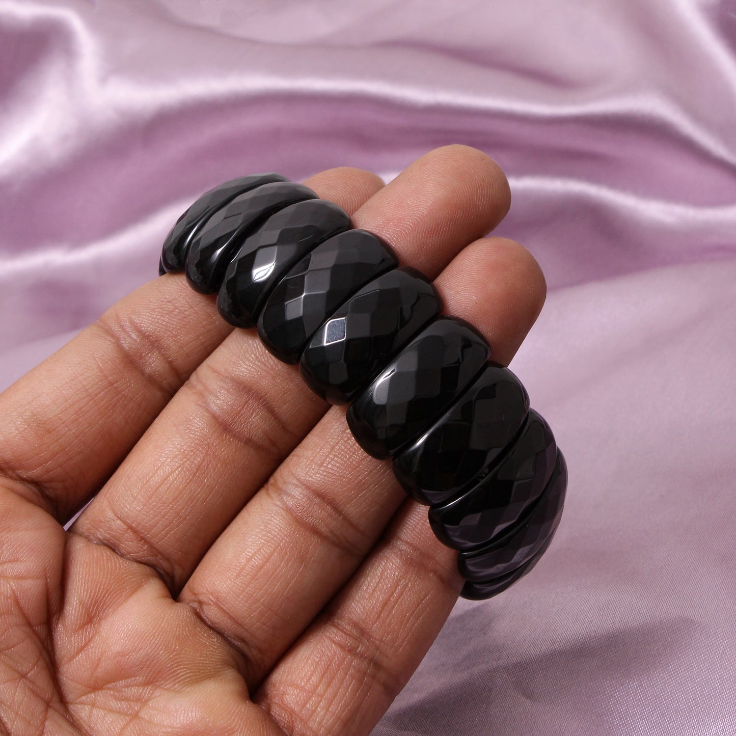 Natural Black Onyx Fancy Shape Faceted Stretch Bracelet | Premium Black Gemstone Jewelry for Men & Women