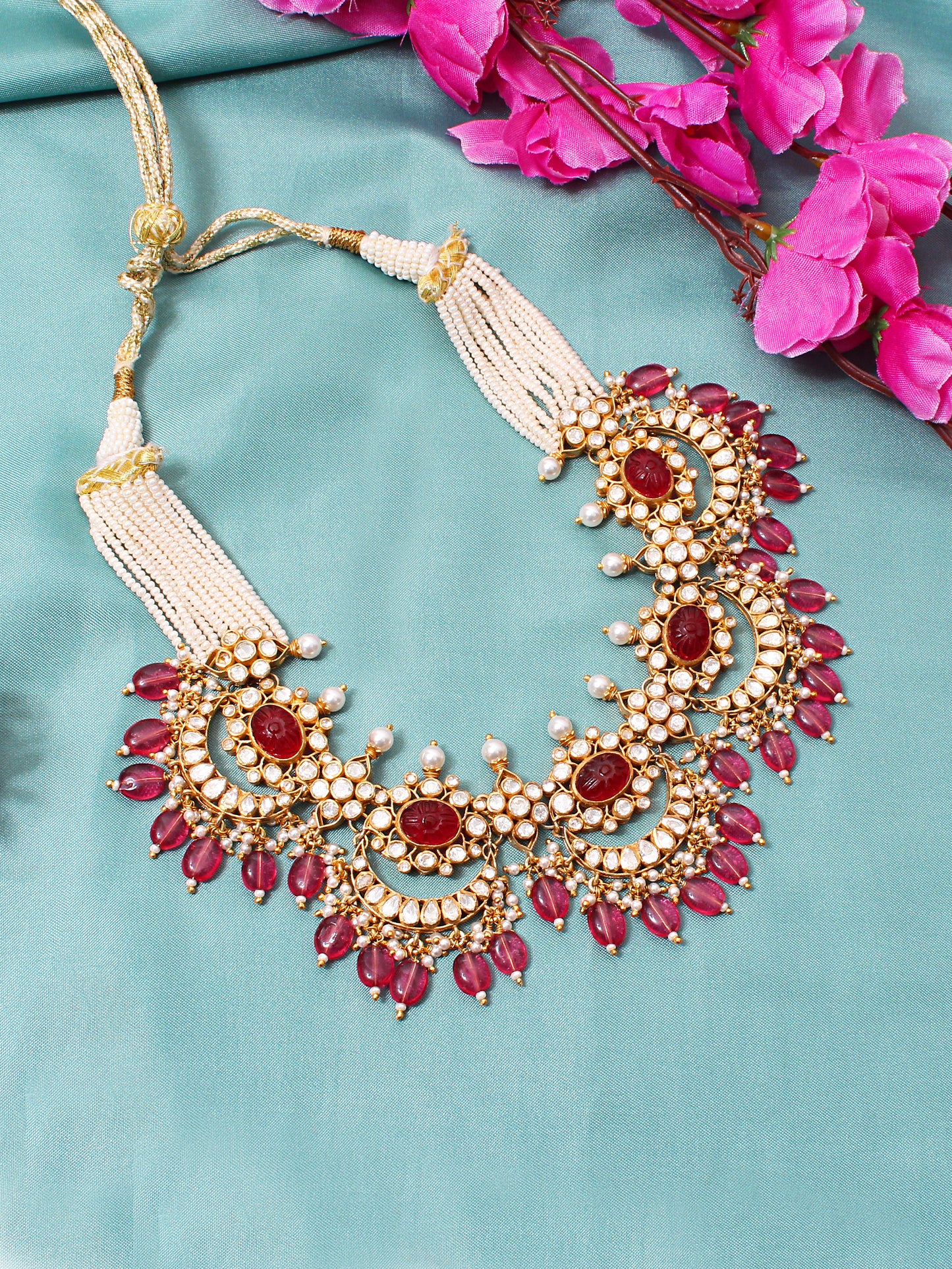 Radiance Redefined: Lightweight Faux Ruby & Pearl Necklace Set