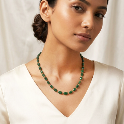 Natural Emerald Beaded Rosary Chain Necklace – Elegant Green Gemstone Jewelry