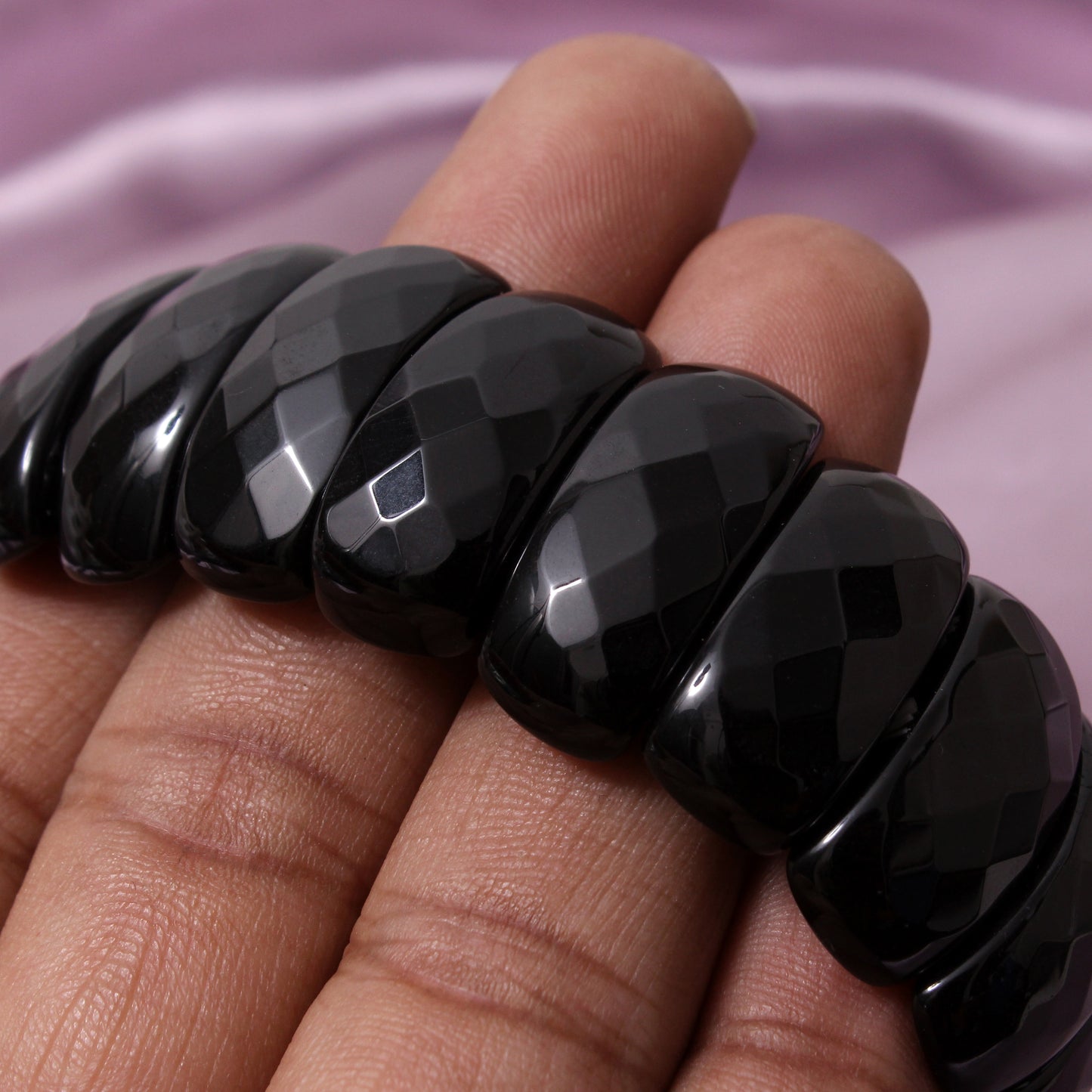 Natural Black Onyx Fancy Shape Faceted Stretch Bracelet | Premium Black Gemstone Jewelry for Men & Women