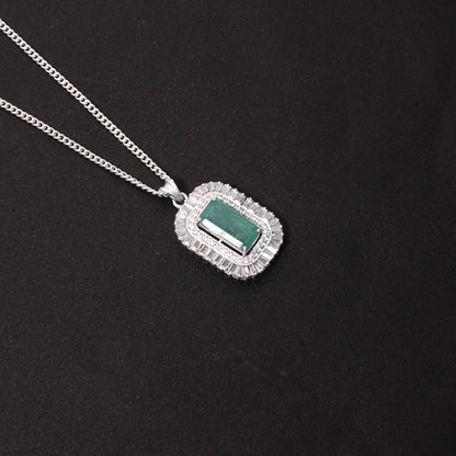 Luxury Natural Emerald Halo Pendant Necklace in 925 Sterling Silver | Vintage Art Deco Statement Jewelry