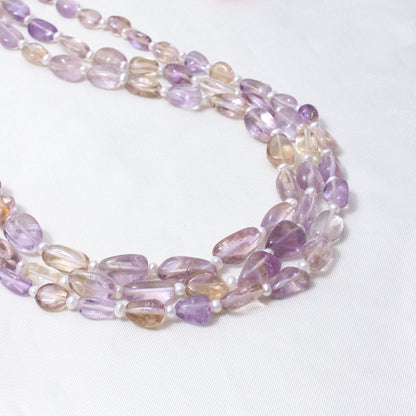 Genuine Natural Ametrine 3-Layer Beaded Sarafa Necklace | Purple & Golden Quartz Healing Crystal Jewelry