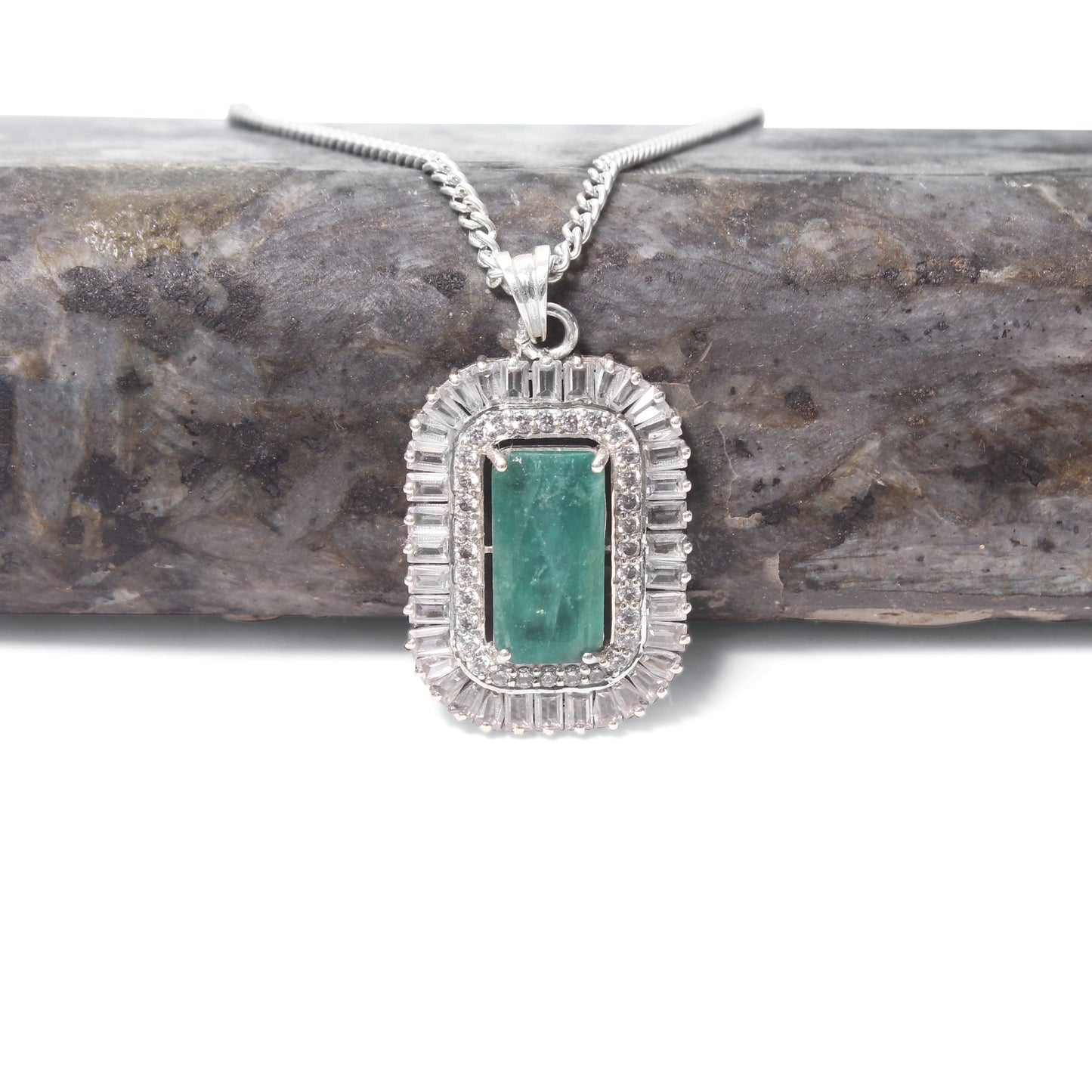 Luxury Natural Emerald Halo Pendant Necklace in 925 Sterling Silver | Vintage Art Deco Statement Jewelry
