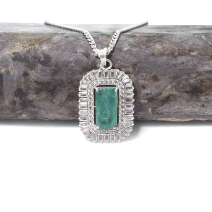 Luxury Natural Emerald Halo Pendant Necklace in 925 Sterling Silver | Vintage Art Deco Statement Jewelry
